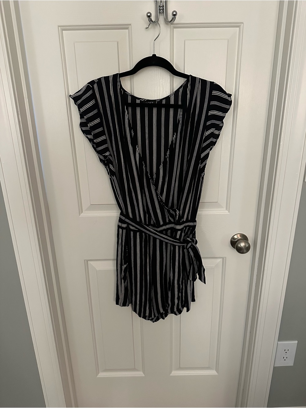 LOFT Black & White Striped Wrap Romper - Size Medium